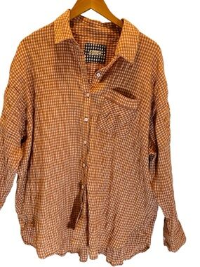 Free People Intimately Cloud Ten Sleep Shirt Rust Gingham Seersucker Button Up